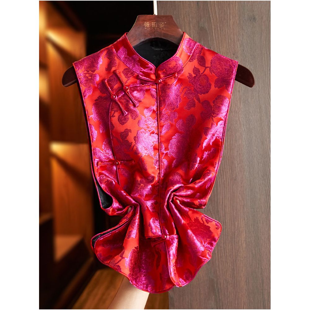 Rose red high end brocade jacquard vest for women retro diagonal placket Chinese style layered top image 1