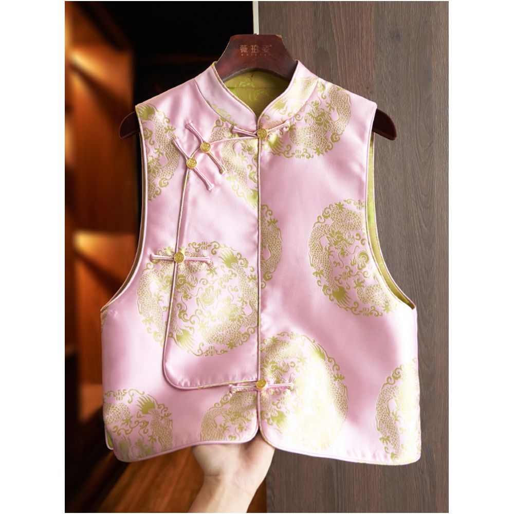 Rose red high end brocade jacquard vest for women retro diagonal placket Chinese style layered top image 2