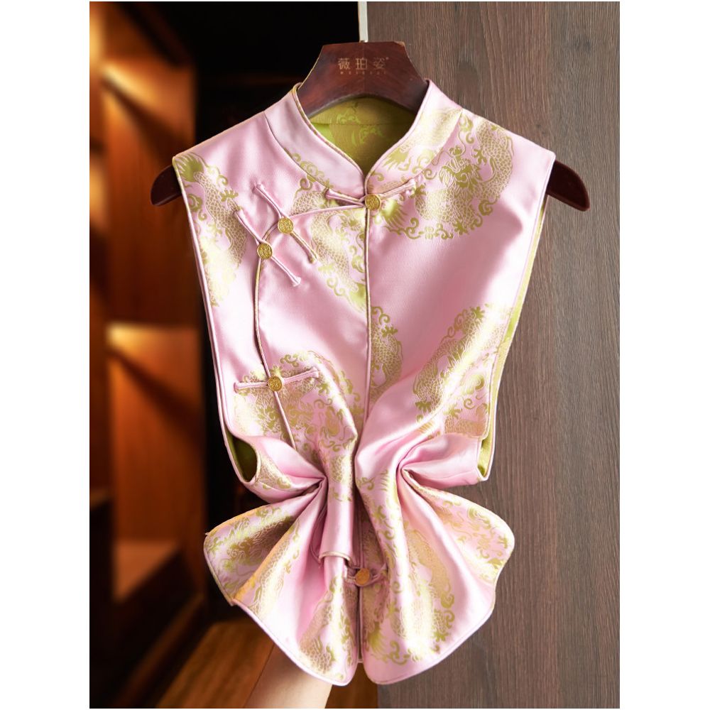 Rose red high end brocade jacquard vest for women retro diagonal placket Chinese style layered top image 3