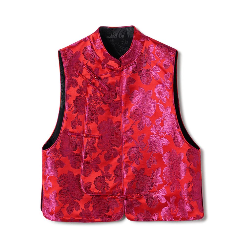 Rose red high end brocade jacquard vest for women retro diagonal placket Chinese style layered top image 4