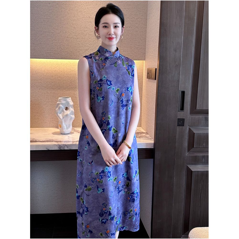 Xu Beiting s original new Chinese style retro standing collar sleeveless loose dress improved cheongsam purple summer women image 0