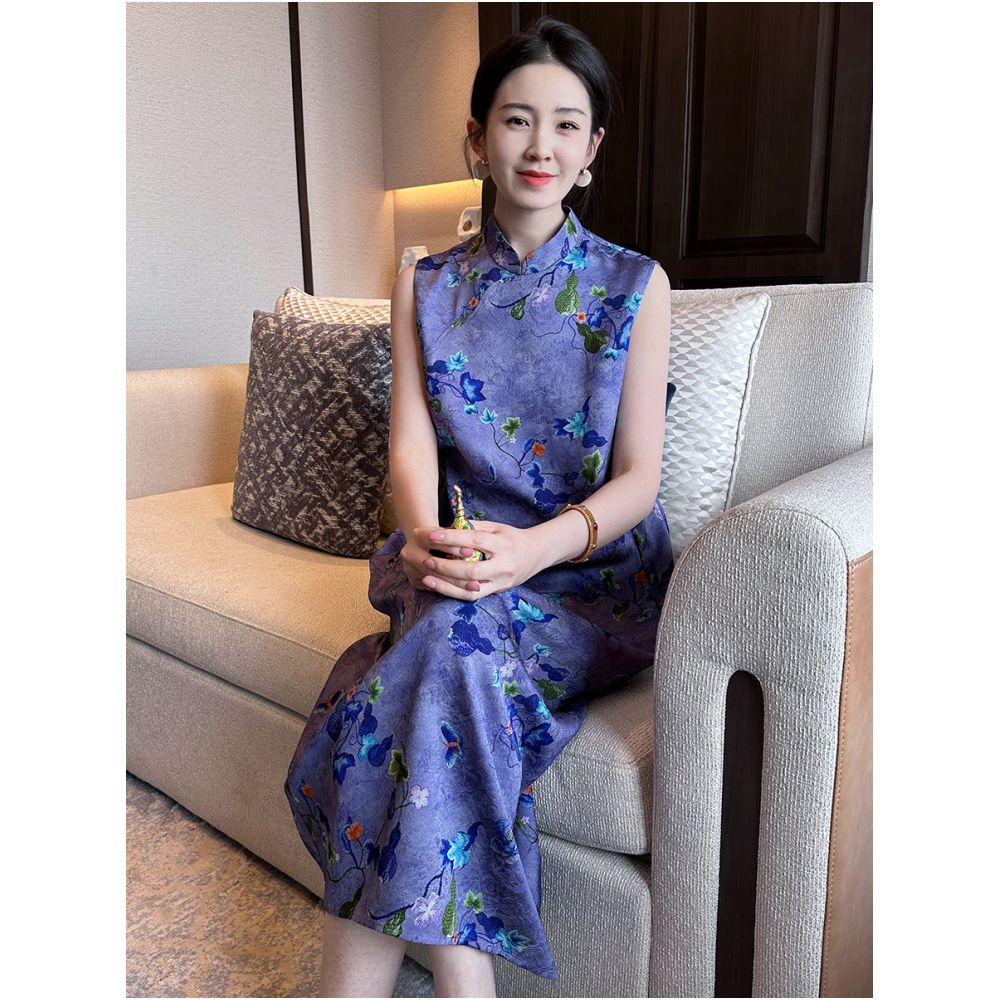 Xu Beiting s original new Chinese style retro standing collar sleeveless loose dress improved cheongsam purple summer women image 1