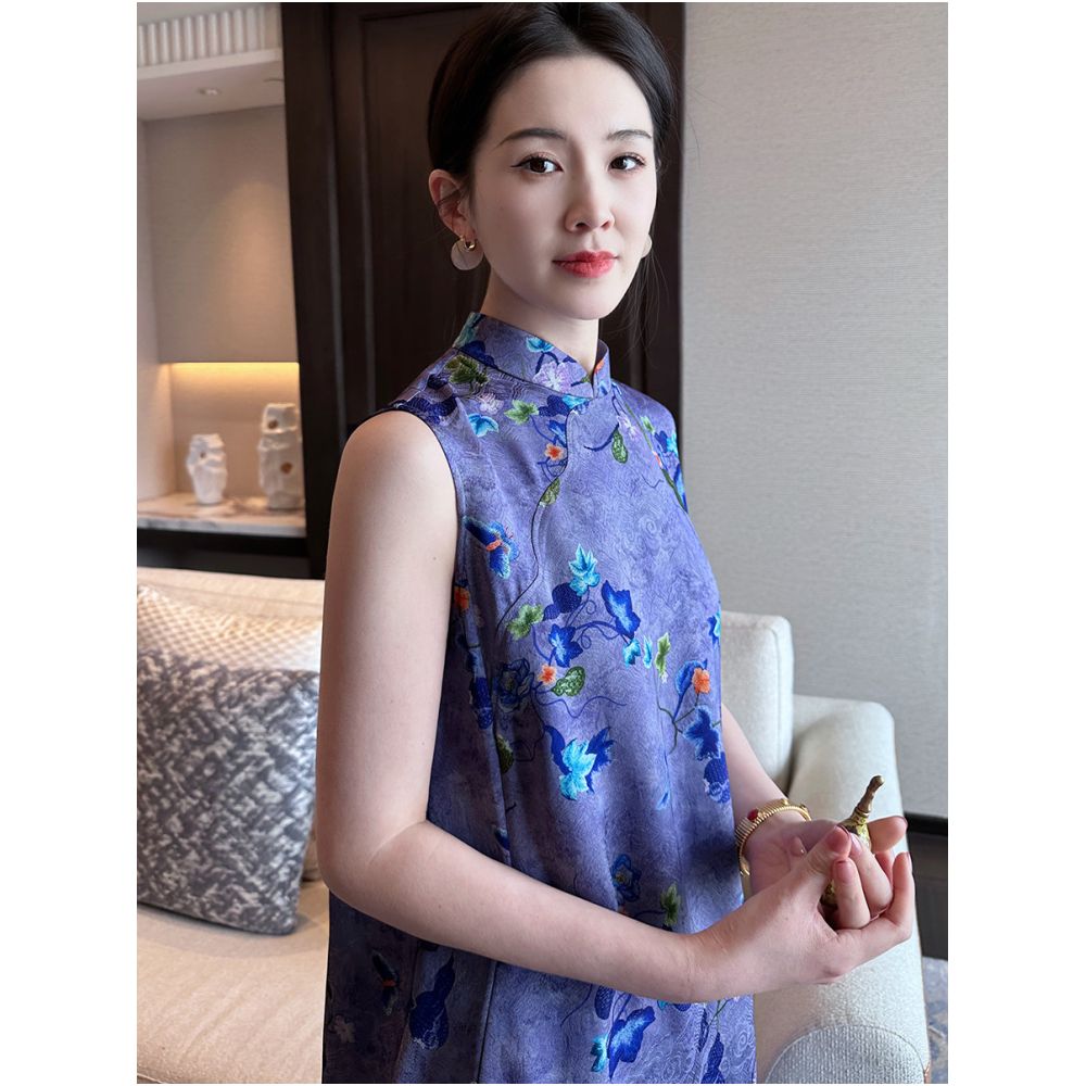Xu Beiting s original new Chinese style retro standing collar sleeveless loose dress improved cheongsam purple summer women image 2