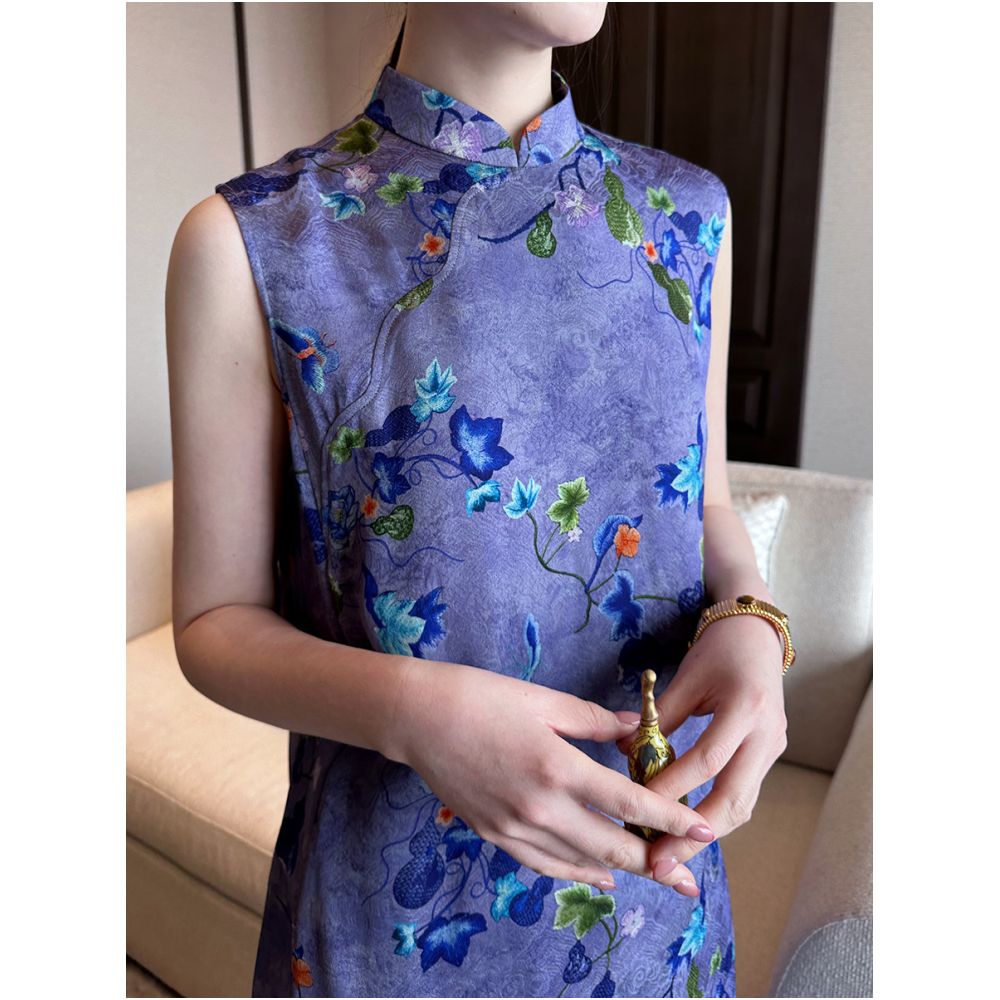 Xu Beiting s original new Chinese style retro standing collar sleeveless loose dress improved cheongsam purple summer women image 3