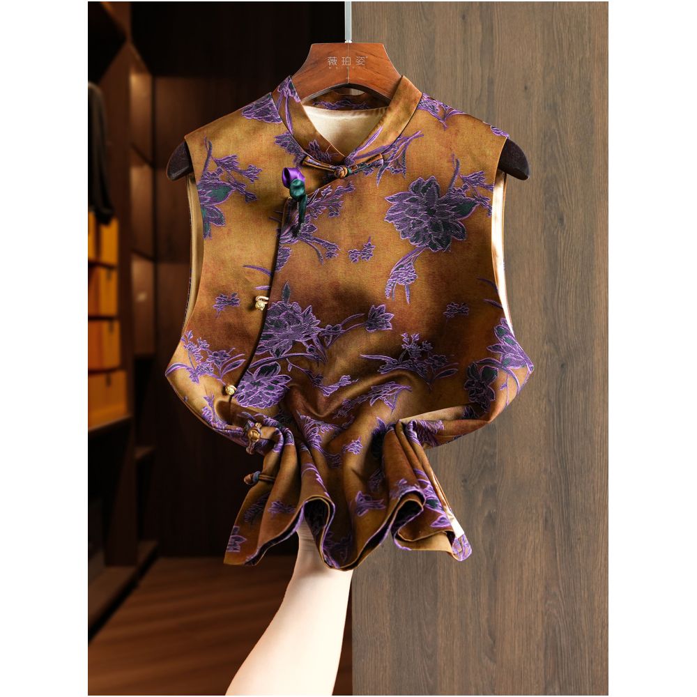 Yellow youthful version improved Chinese style vest with frog buttons stand up collar light Chinese style jacquard top image 1