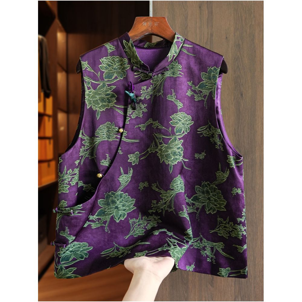 Yellow youthful version improved Chinese style vest with frog buttons stand up collar light Chinese style jacquard top image 2