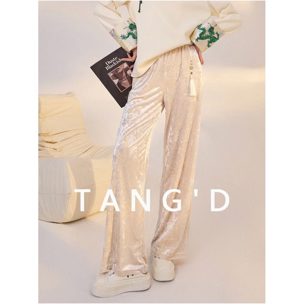 Tang Dou High Ding Jade Spring New Chinese Velvet Wide Leg Pants with National Style and Premium Pattern Straight Leg Pants for Women image 0