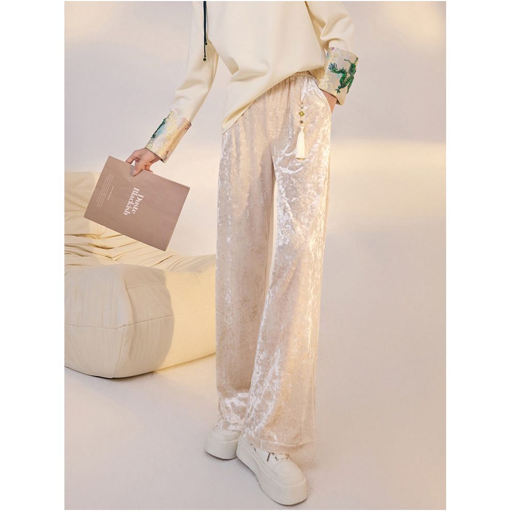 Tang Dou High Ding Jade Spring New Chinese Velvet Wide Leg Pants with National Style and Premium Pattern Straight Leg Pants for Women image 1