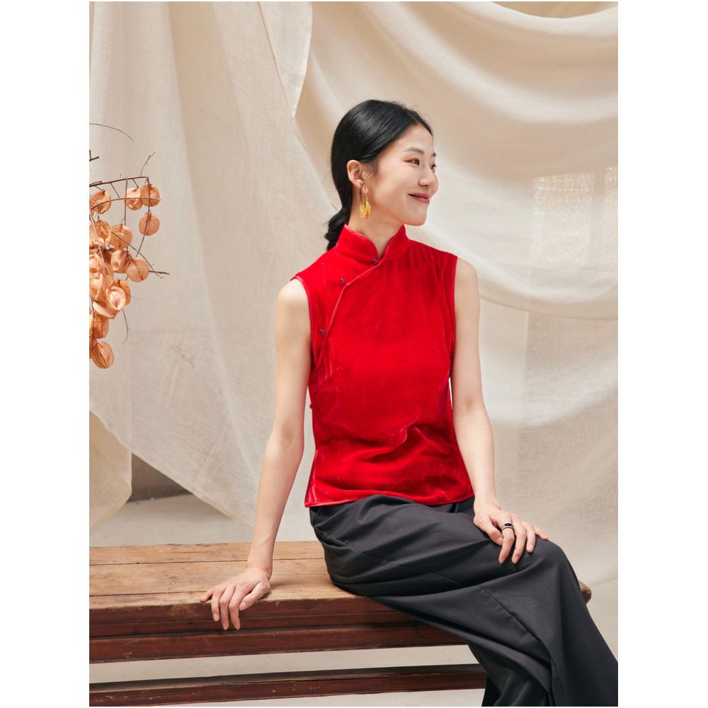 TAORAN women s ethnic style velvet sleeveless top women s standing collar red vest young cheongsam shirt image 0