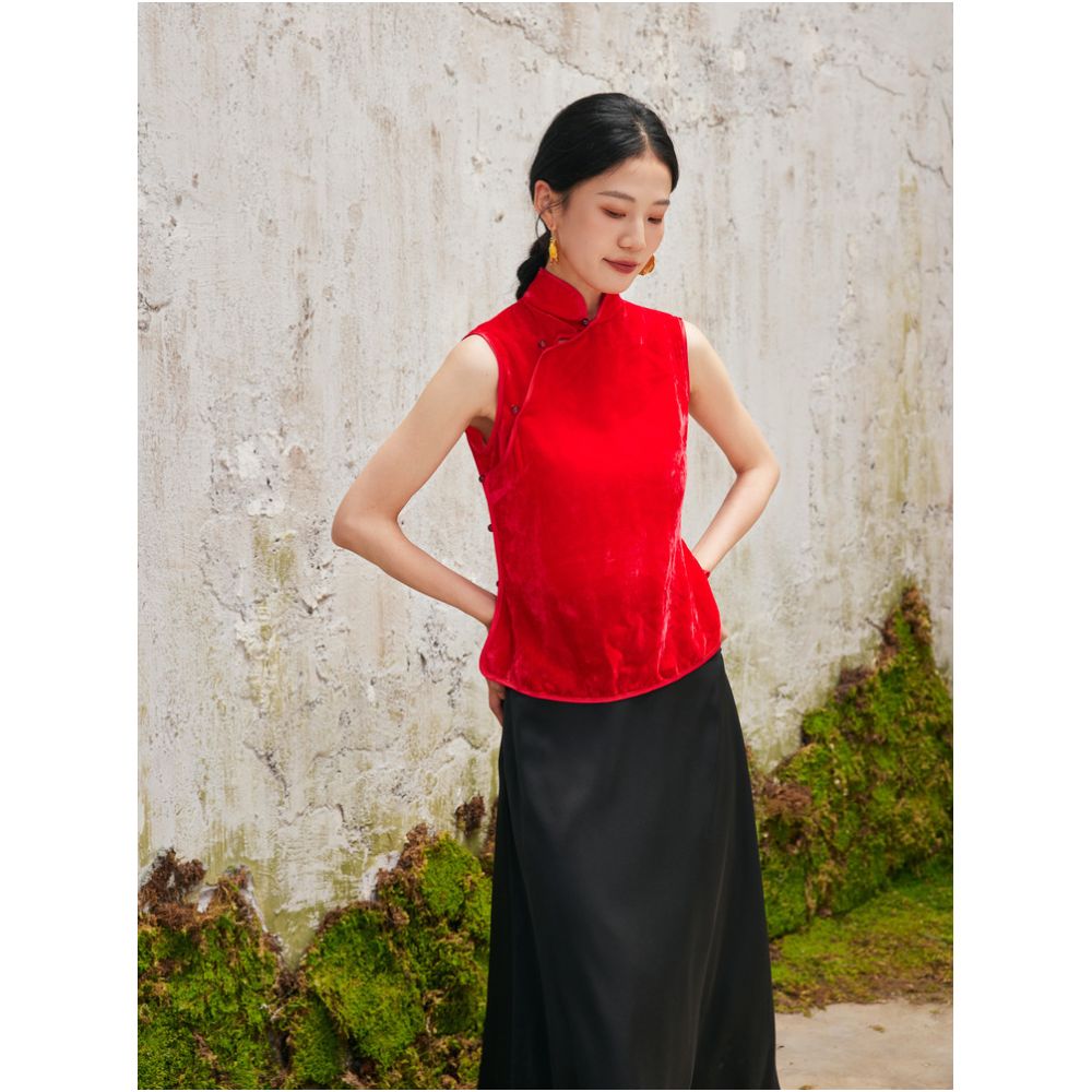 TAORAN women s ethnic style velvet sleeveless top women s standing collar red vest young cheongsam shirt image 1