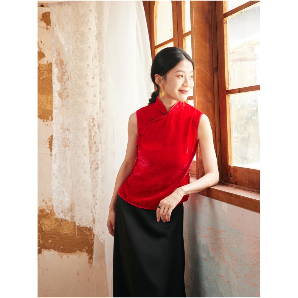 TAORAN women s ethnic style velvet sleeveless top women s standing collar red vest young cheongsam shirt image 2