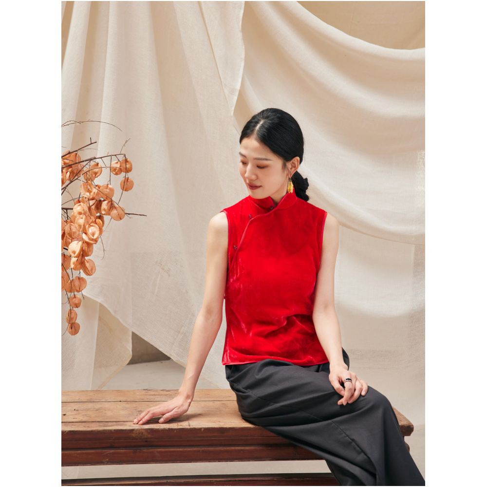TAORAN women s ethnic style velvet sleeveless top women s standing collar red vest young cheongsam shirt image 3