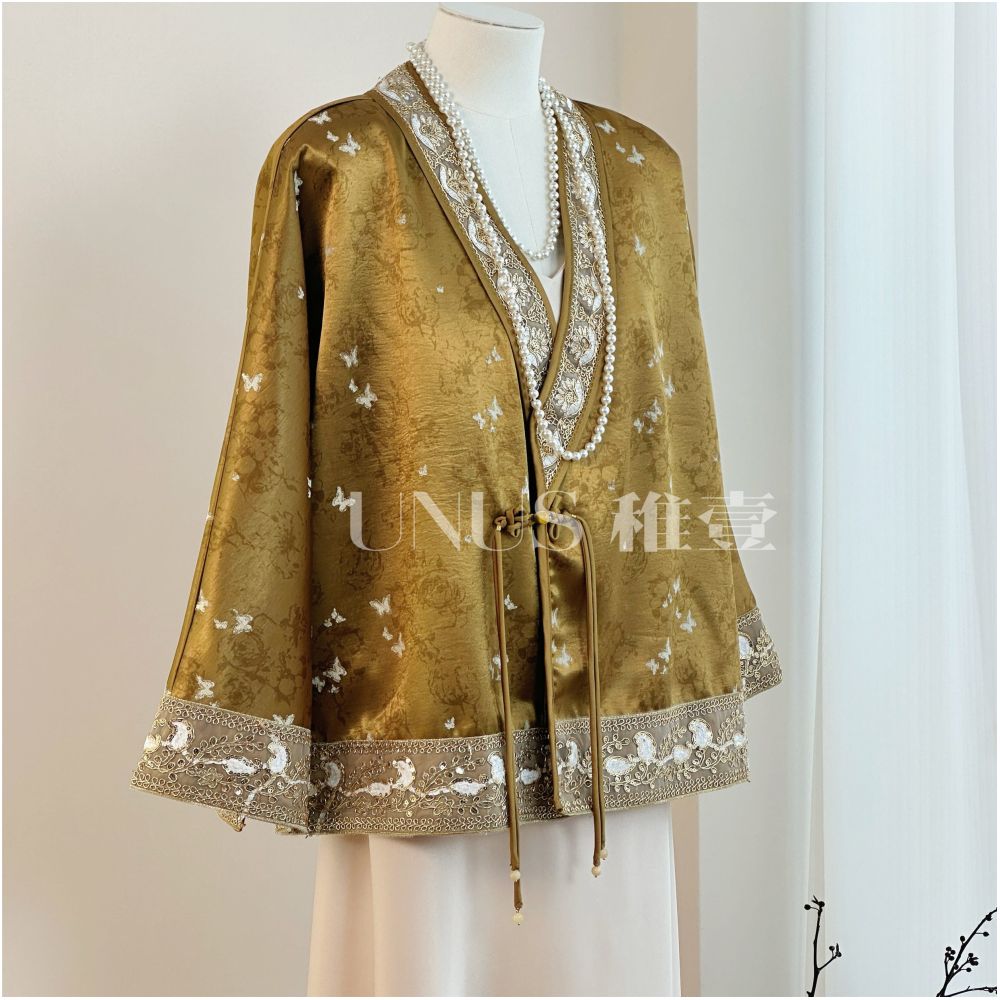UNUS New Chinese style outer garment with butterfly embroidery retro cardigan tea jacket luxurious V neck thin jacket top image 0