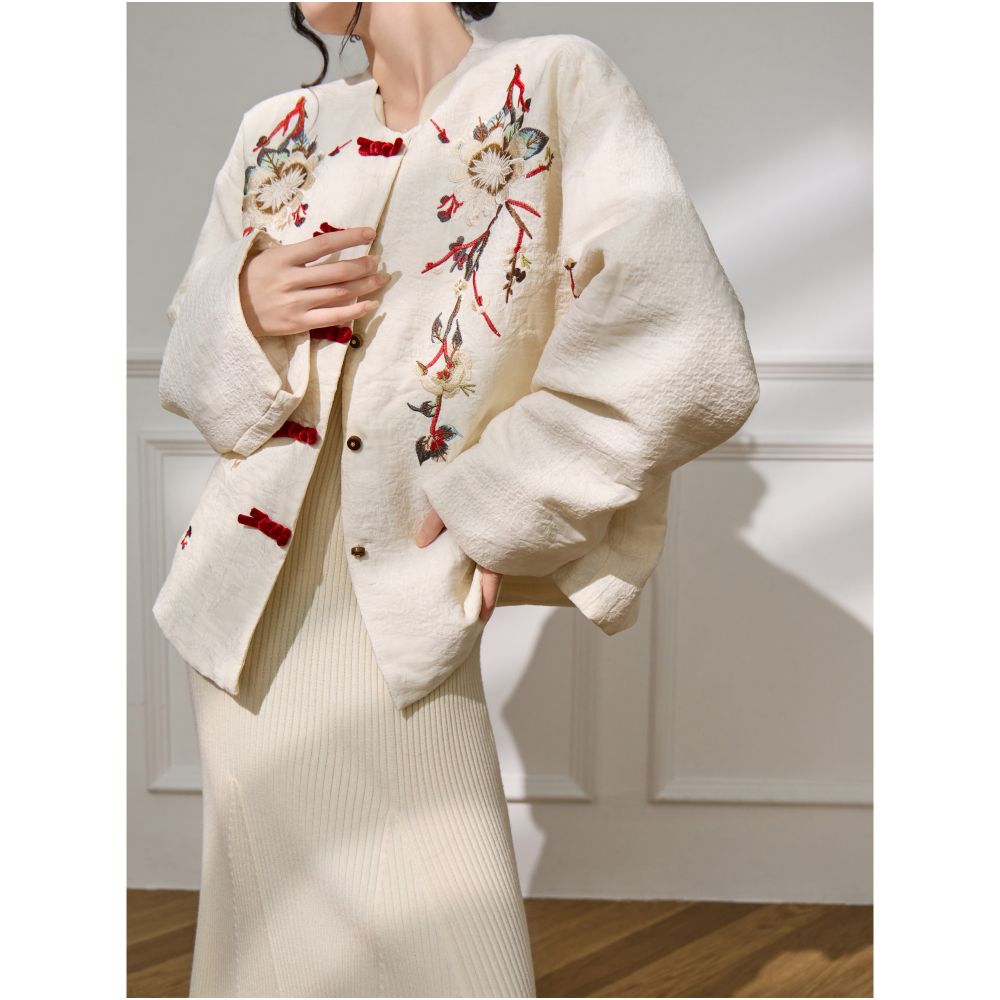 Plum Jan Heavy Industry Embroidered New Chinese Style Pan Button Short Top for Women Great Looking Winter Thick Coat image 5