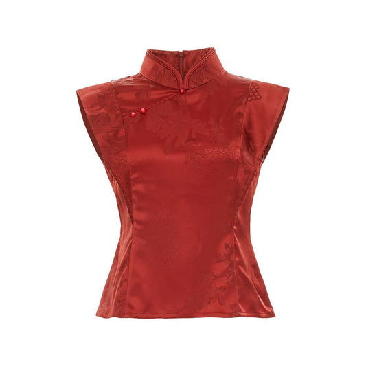 ASAYA6081 – Crimson Poise Mandarin Top ❤️🌿