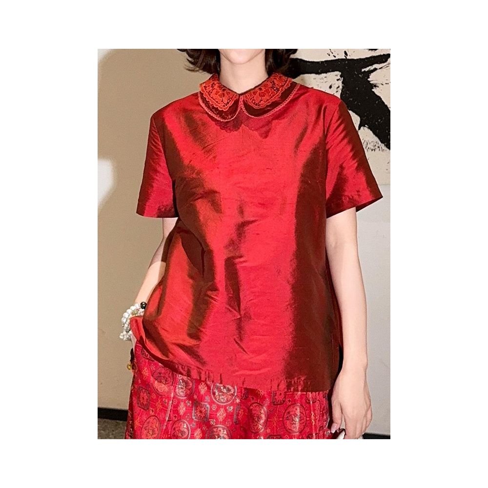 New Chinese style red collared short sleeved T shirt for women 2025 new summer style unique and beautiful dopamine top image 3
