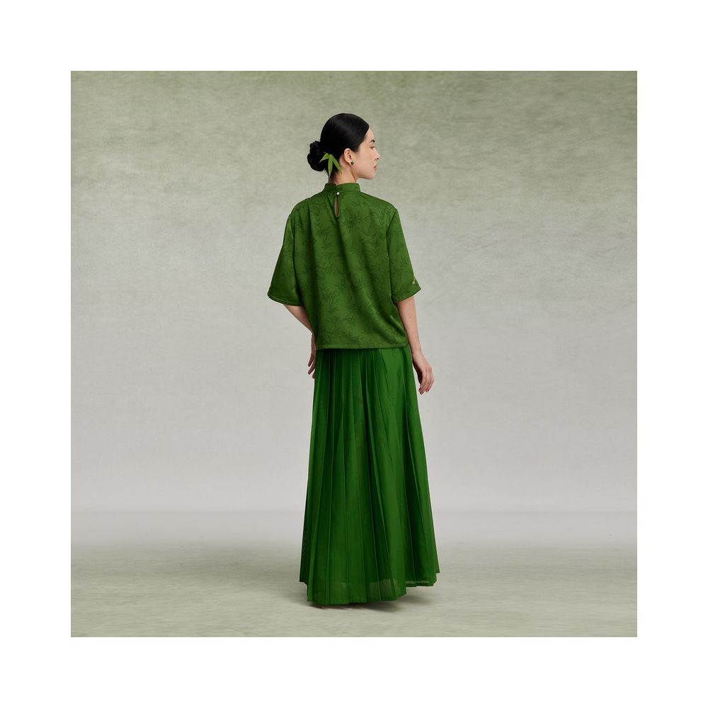 Zhulinjun Weaving Company s new Chinese style stand up collar button up shirt with bamboo leaf dark pattern satin jacquard top women s waist cinched to look slim image 2