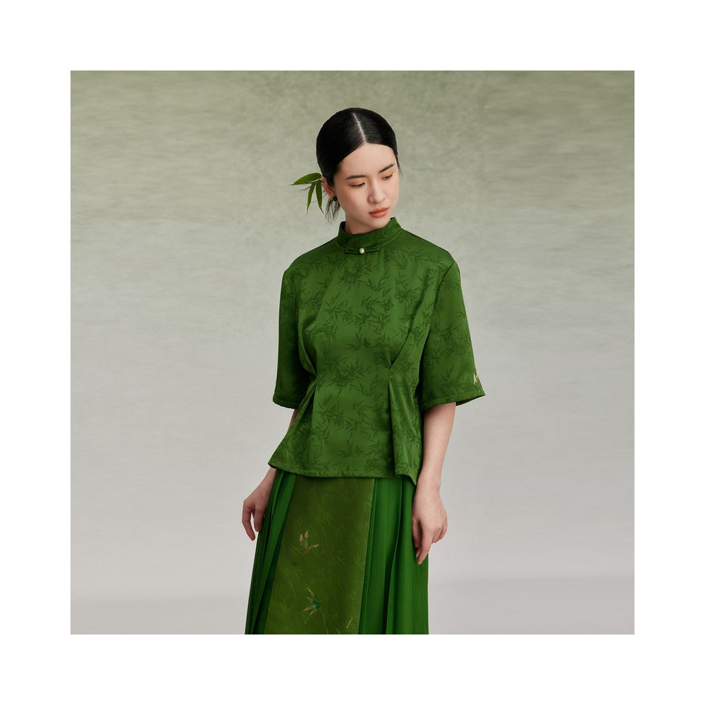 Zhulinjun Weaving Company s new Chinese style stand up collar button up shirt with bamboo leaf dark pattern satin jacquard top women s waist cinched to look slim image 3