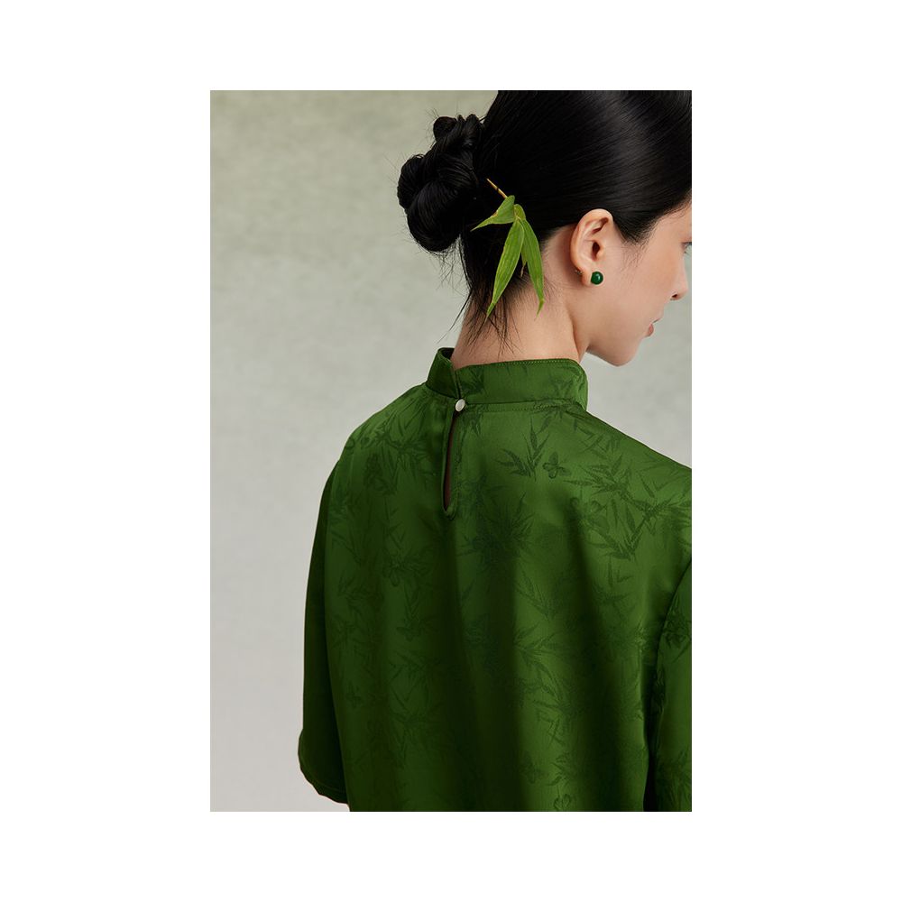 Zhulinjun Weaving Company s new Chinese style stand up collar button up shirt with bamboo leaf dark pattern satin jacquard top women s waist cinched to look slim image 4