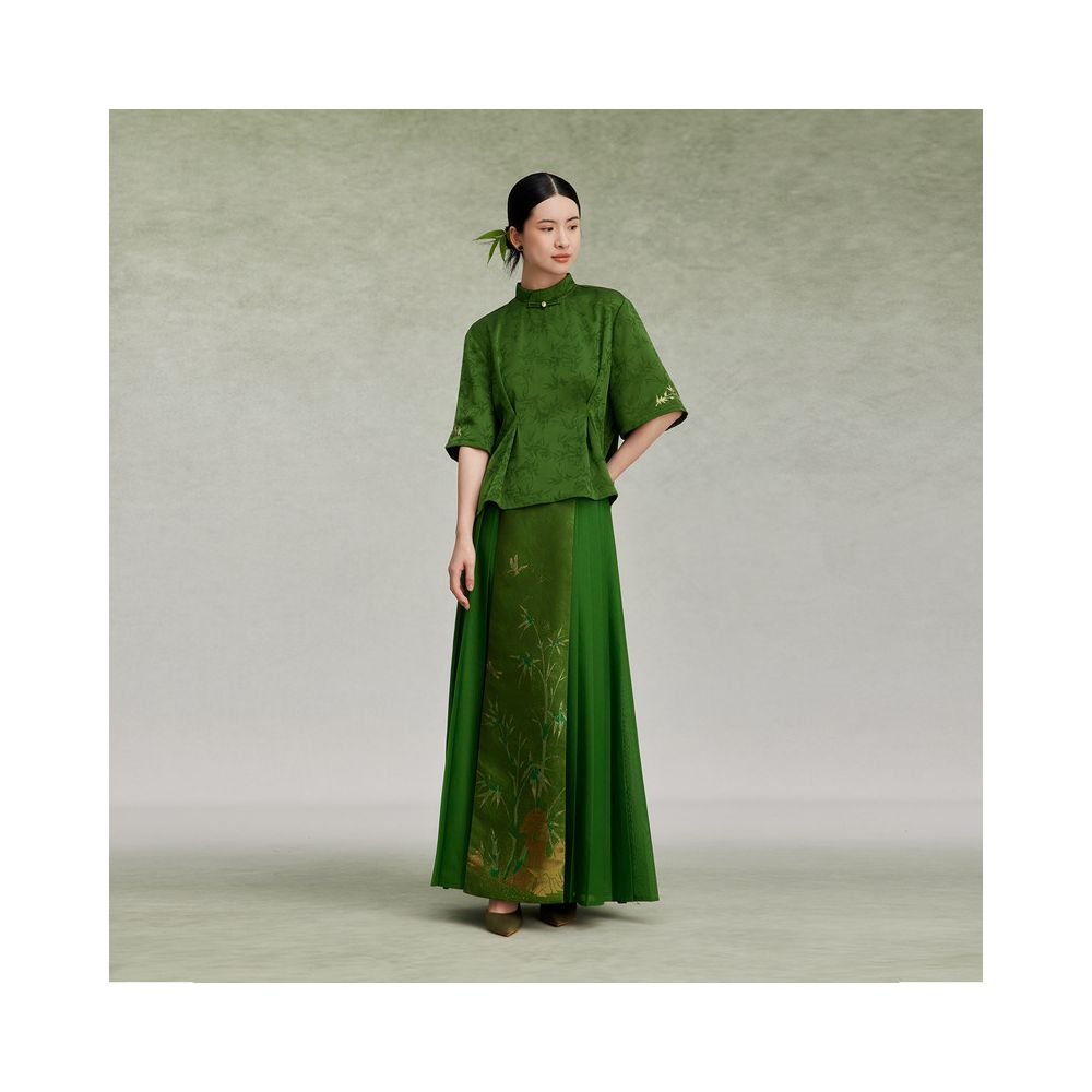 Zhulinjun Weaving Company s new Chinese style stand up collar button up shirt with bamboo leaf dark pattern satin jacquard top women s waist cinched to look slim image 5