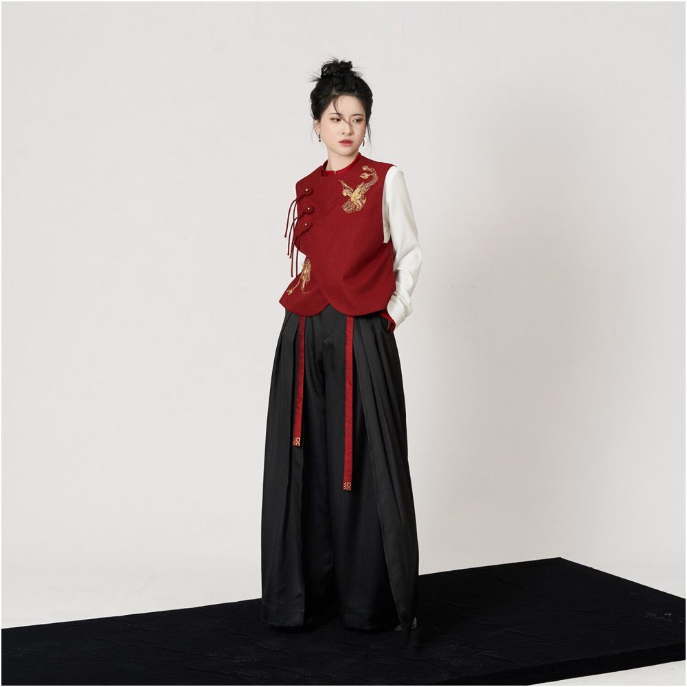 Weaving Company Fire Sparrow Colorful Oriental Show Style National Style Pan Gold Embroidery Improved Vest Coat Stand Collar Shirt Wide Leg Pants image 3
