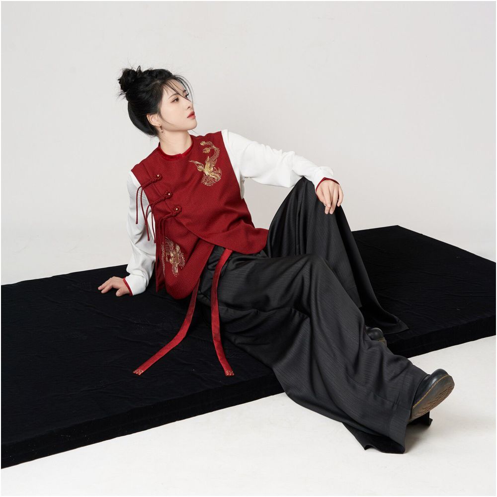 Weaving Company Fire Sparrow Colorful Oriental Show Style National Style Pan Gold Embroidery Improved Vest Coat Stand Collar Shirt Wide Leg Pants image 4