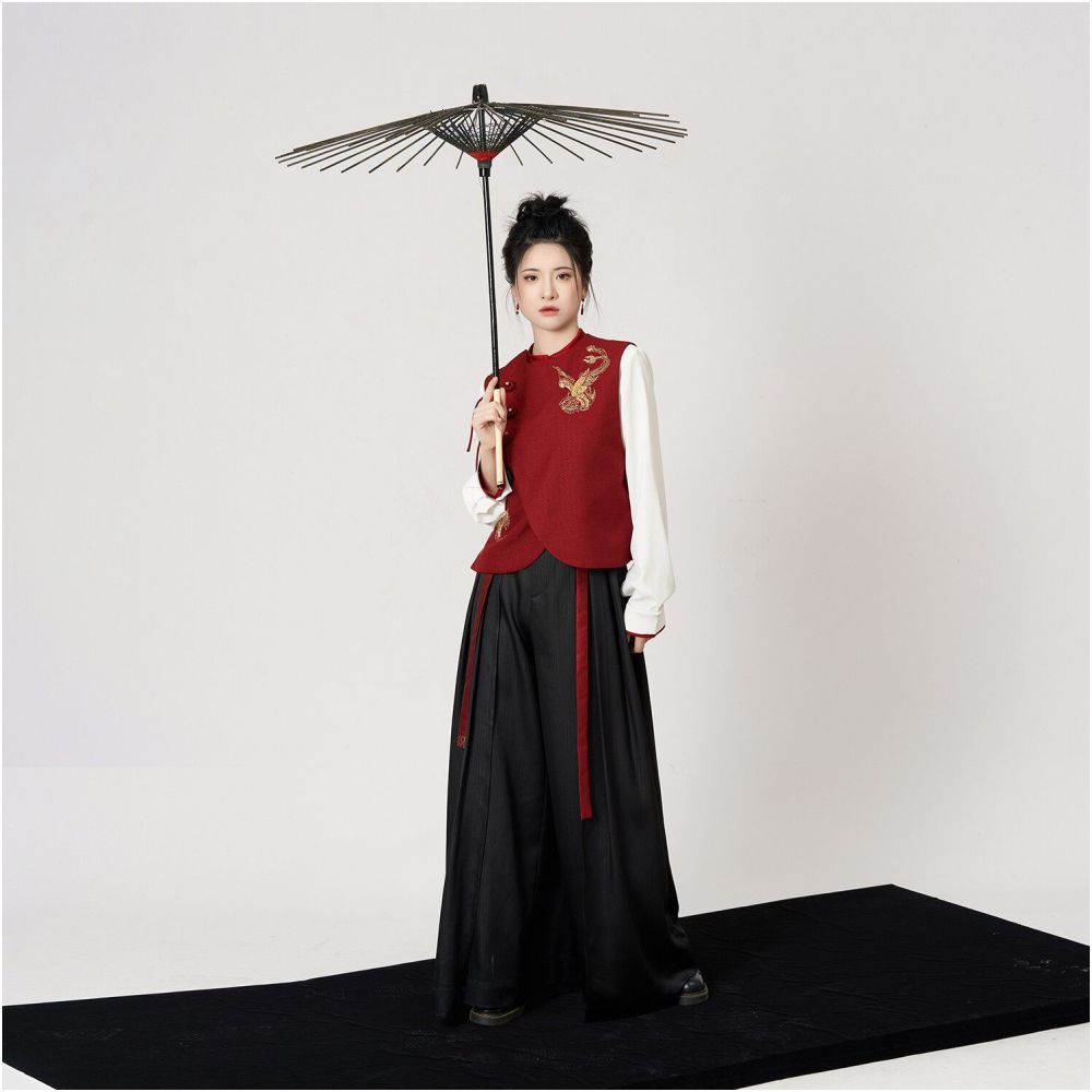 Weaving Company Fire Sparrow Colorful Oriental Show Style National Style Pan Gold Embroidery Improved Vest Coat Stand Collar Shirt Wide Leg Pants image 5
