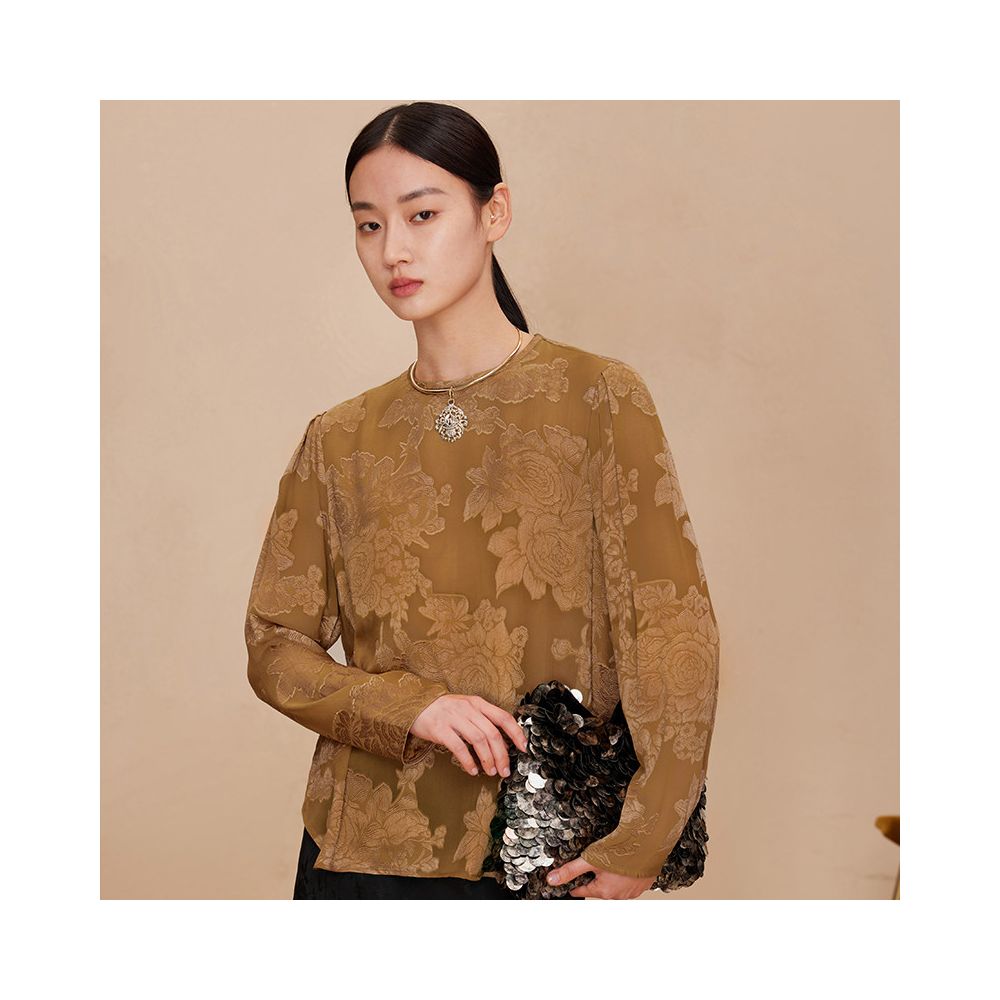 Ruyi Lianyun Retro New Chinese Long sleeved Top Commuter Style Round Neck Mulberry Silk Scissors Shirt for Women in Spring 2024 image 2