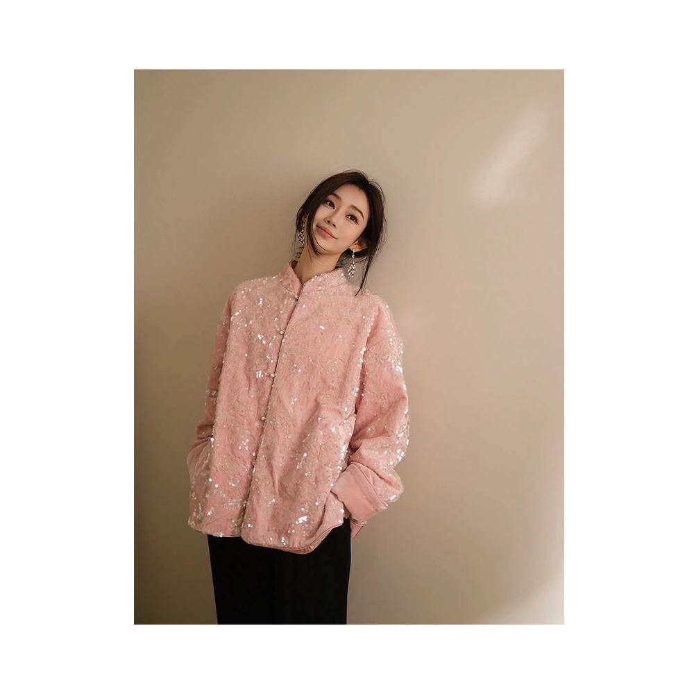 Tang style new Chinese style outerwear with autumn and winter design sense sequins for warmth pink for high end design sense aging reduction by 2025 image 1