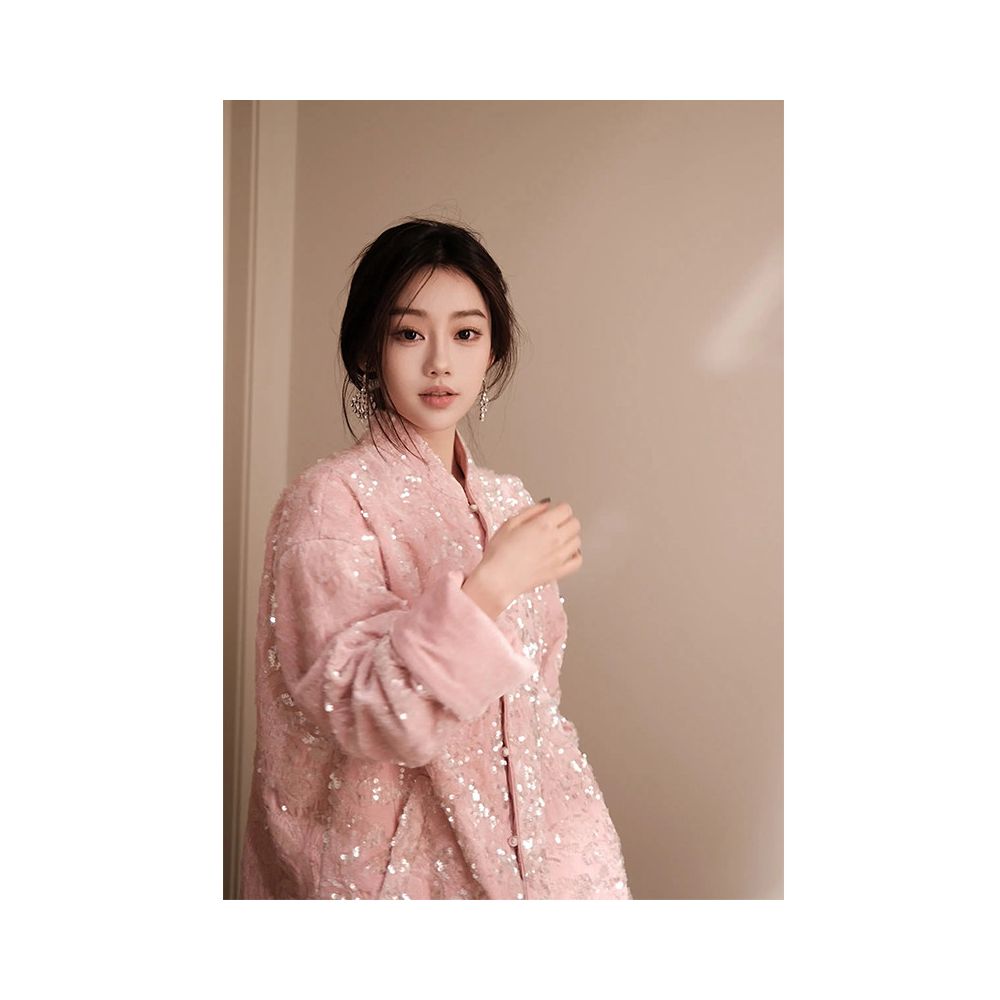 Tang style new Chinese style outerwear with autumn and winter design sense sequins for warmth pink for high end design sense aging reduction by 2025 image 2