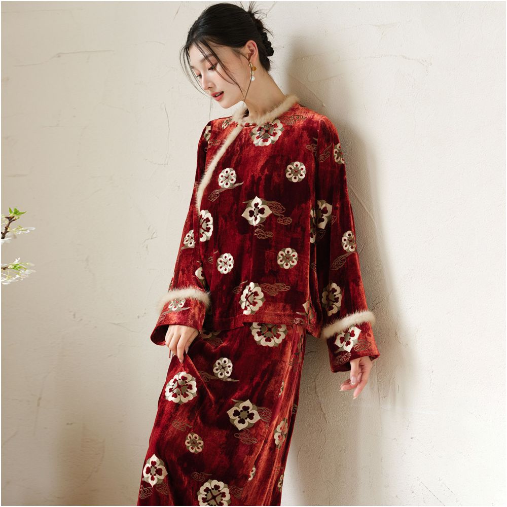 Chuchan New Chinese style 100 Mulberry Silk Set Women s 25 Winter New Style Chinese Velvet Hot Stamped Jacquard Silk Top image 2