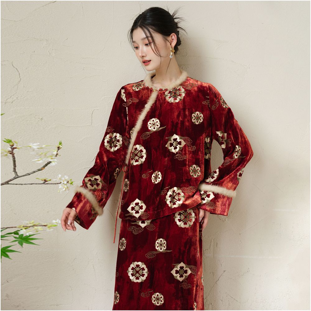 Chuchan New Chinese style 100 Mulberry Silk Set Women s 25 Winter New Style Chinese Velvet Hot Stamped Jacquard Silk Top image 4