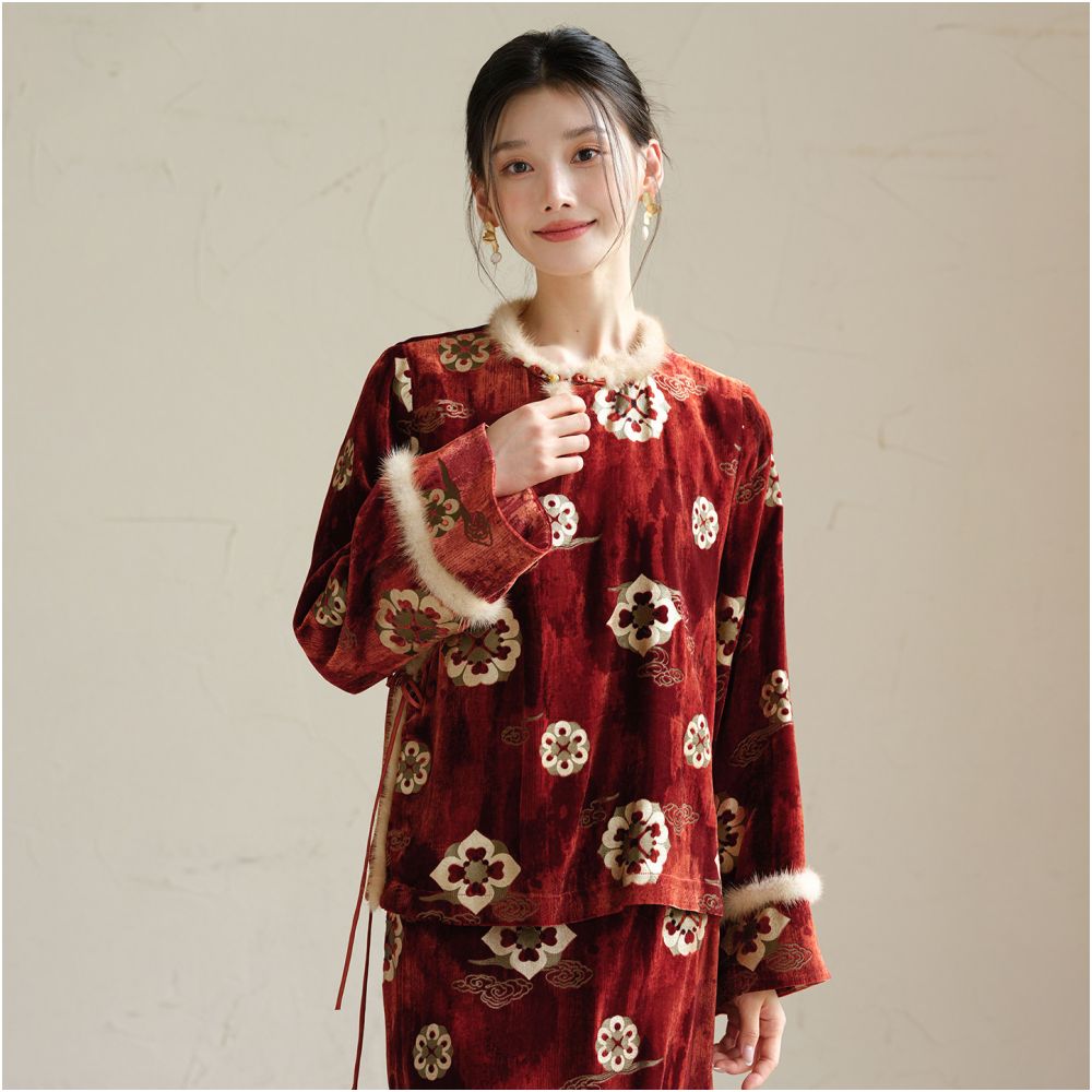 Chuchan New Chinese style 100 Mulberry Silk Set Women s 25 Winter New Style Chinese Velvet Hot Stamped Jacquard Silk Top image 5