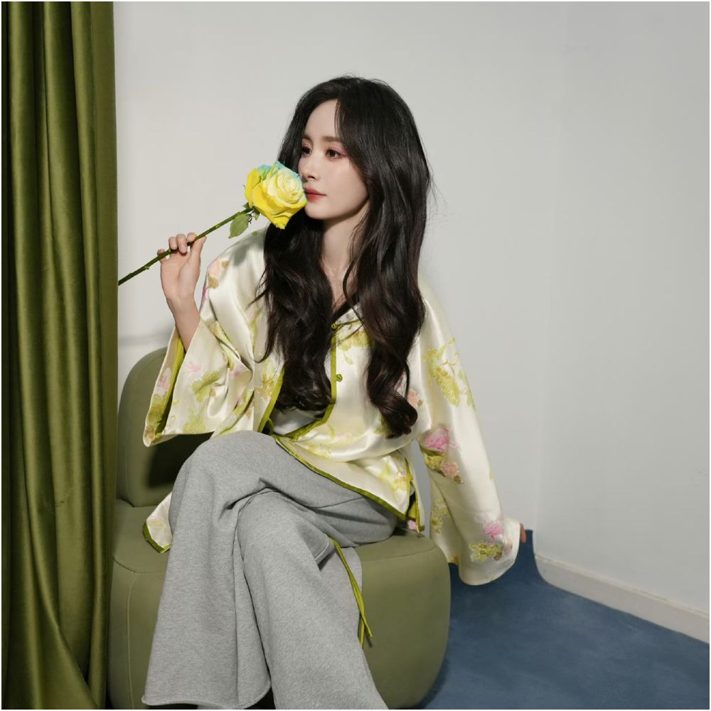 Yang Mi s new Chinese style silk jacket with long sleeves for women embossed jacquard Western style with mulberry silk light Chinese style top image 2
