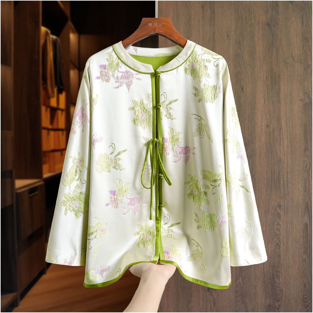 Yang Mi s new Chinese style silk jacket with long sleeves for women embossed jacquard Western style with mulberry silk light Chinese style top image 4