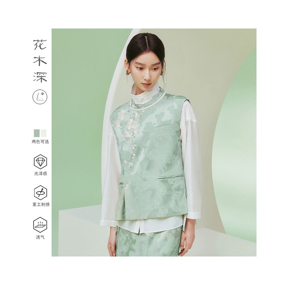 Ma Li s same style flowers and trees deep Chinese silk vest women s retro embroidery round neck spring and autumn new jacquard shoulder image 4