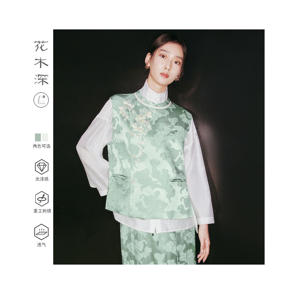 Ma Li s same style flowers and trees deep Chinese silk vest women s retro embroidery round neck spring and autumn new jacquard shoulder image 0