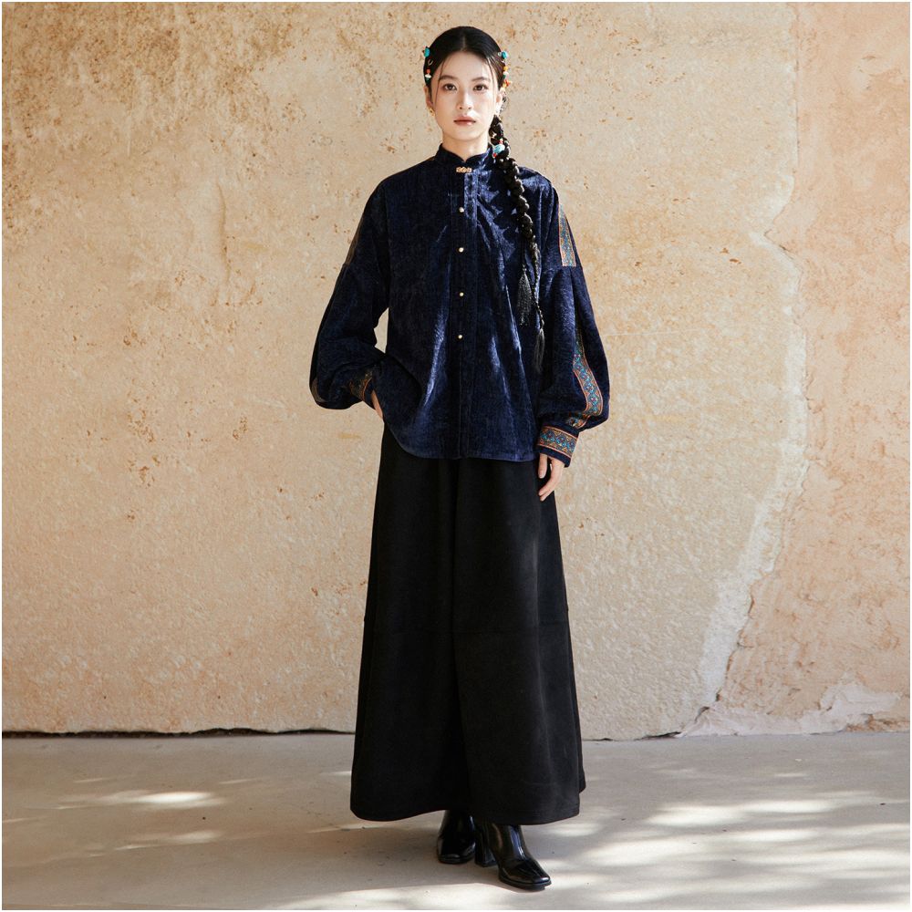 At any time in the style of Fengshagu ethnic style woven belt splicing design new Chinese style wrinkled stand up collar shirt image 4