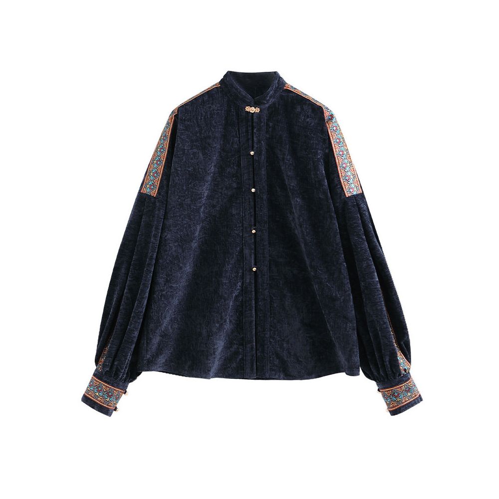 At any time in the style of Fengshagu ethnic style woven belt splicing design new Chinese style wrinkled stand up collar shirt image 5