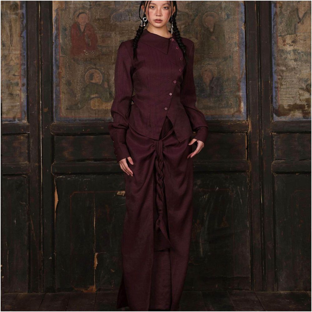 Wuhe blend collar waist pinching long sleeved shirt pearl fruit button set Tracing back to it image 1