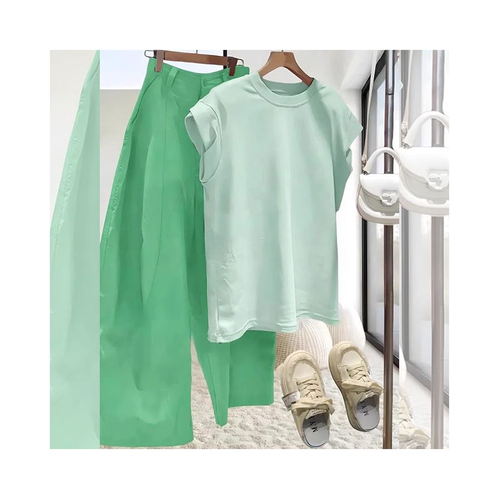2025 Super Hot May Day Age Reduction Summer Dopamine Dressing Set with Green Short Sleeve T shirt and Haren Pants Two Piece Set image 2