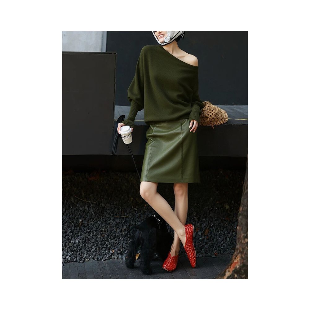 Relaxing outfit with a complete set of women s spring new dark green knitted off shoulder top and green leather skirt two piece set image 3