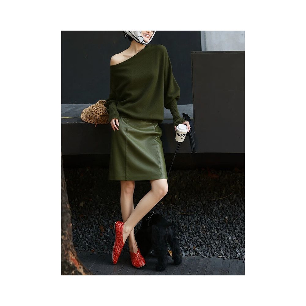 Relaxing outfit with a complete set of women s spring new dark green knitted off shoulder top and green leather skirt two piece set image 4