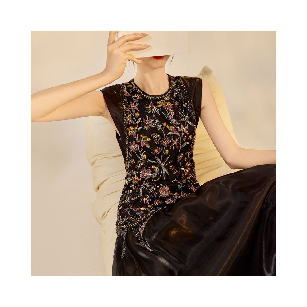 New Chinese style heavy industry sequin embroidered vest set for women s autumn and summer light luxury Chinese style vest top and skirt two piece set image 4