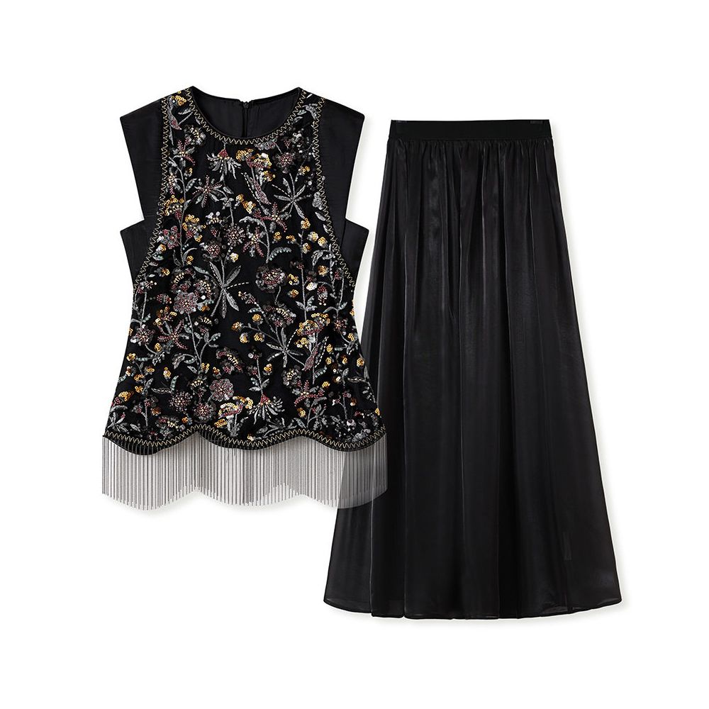 New Chinese style heavy industry sequin embroidered vest set for women s autumn and summer light luxury Chinese style vest top and skirt two piece set image 5