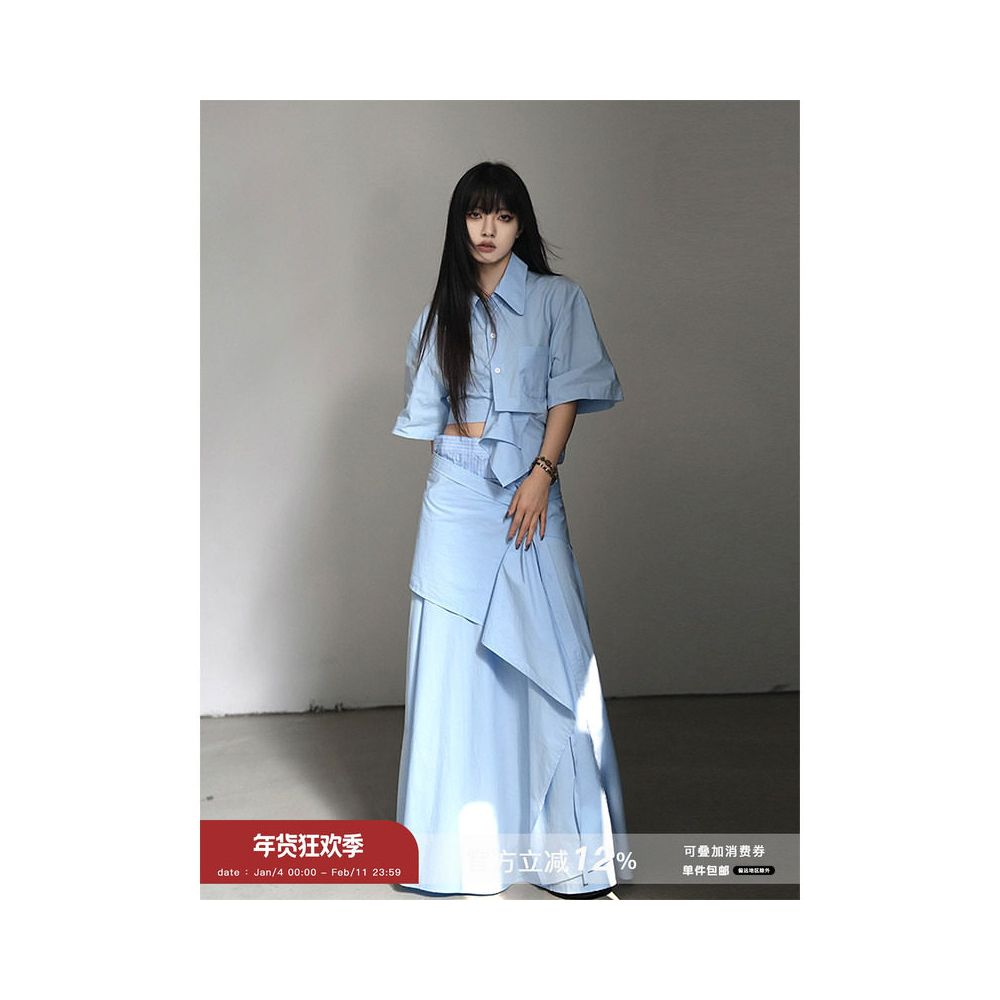Daimao Spring Summer Women s New Irregular Design Unique Short Sleeve Shirt Mid length Half length Skirt Two piece Set image 1
