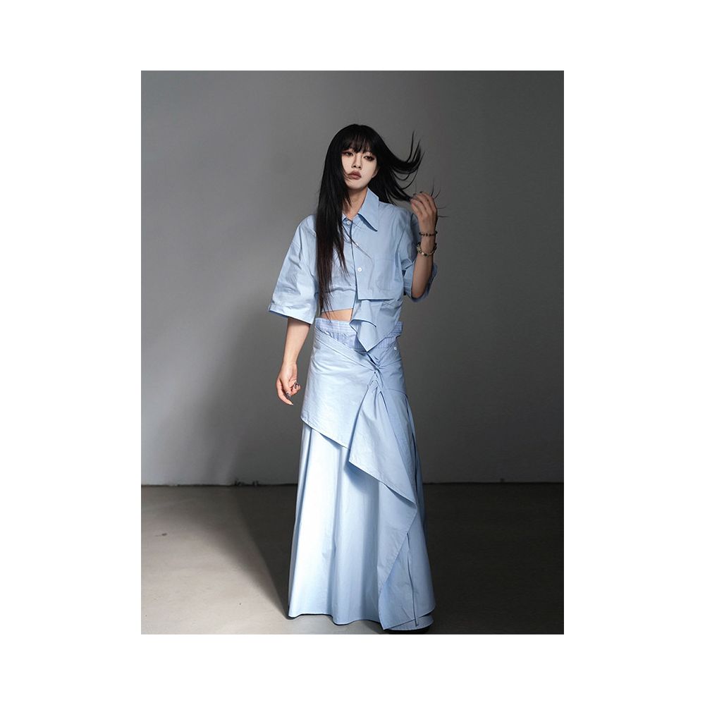 Daimao Spring Summer Women s New Irregular Design Unique Short Sleeve Shirt Mid length Half length Skirt Two piece Set image 5