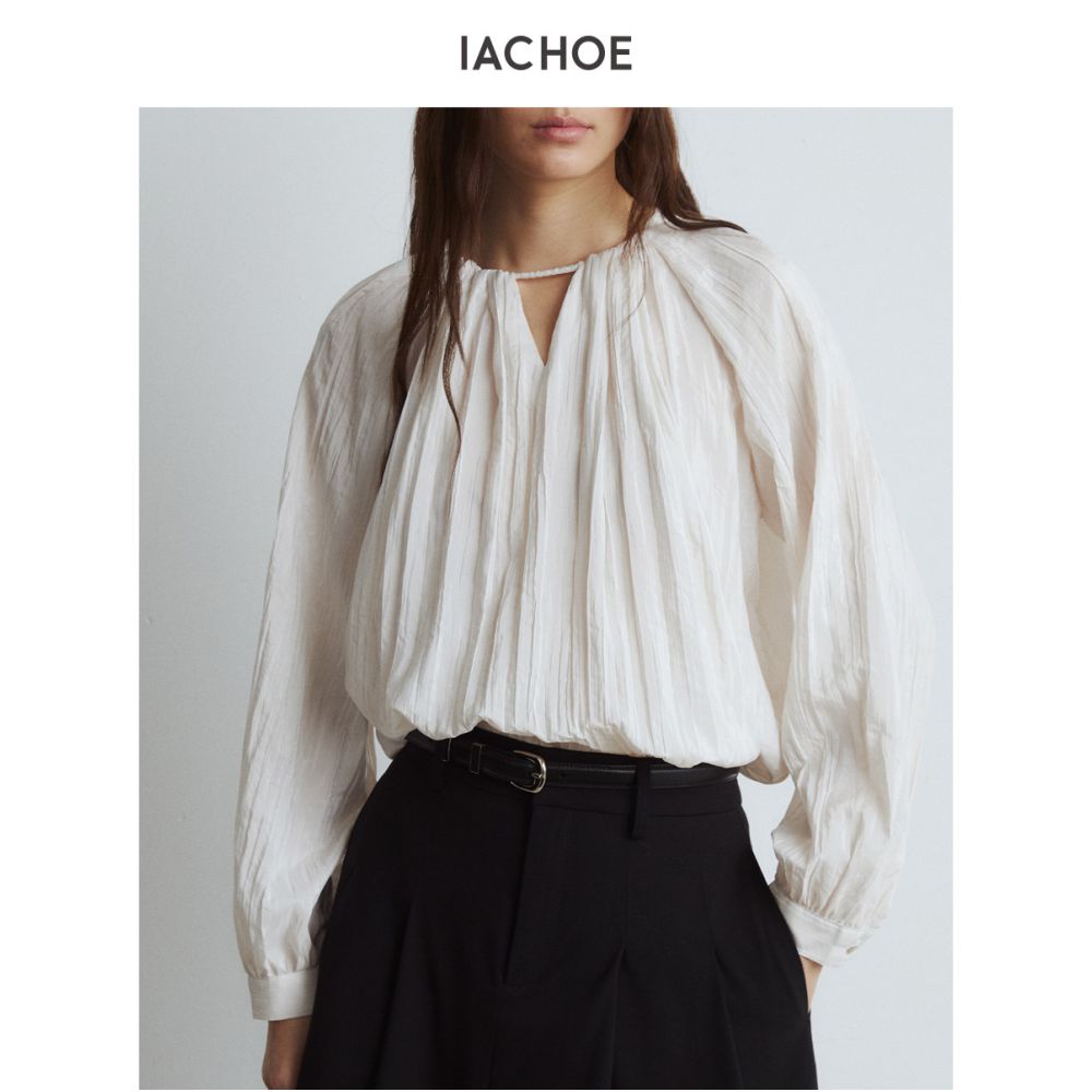 IACHOE textured long sleeved shirt for women 25 in early autumn French style elegant loose willow pleated pullover top small shirt image 2