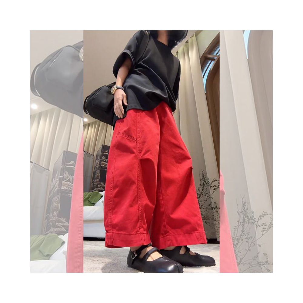 Red high waisted nine point casual harem pants for women in early spring new loose hanging straight leg wide pants banana sickle pants image 0