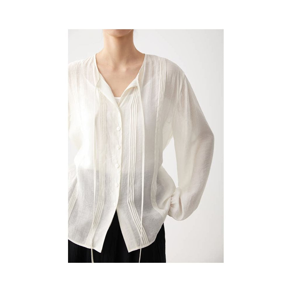 CR textured ribbon white shirt for women s spring and summer new style French shirt cardigan long style simple and relaxed top image 4